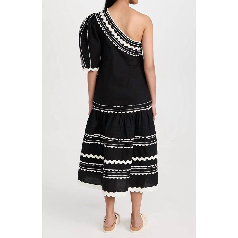 NEW SEA ryleigh rickrack one shoulder midi dress in black - Picture 3 of 3